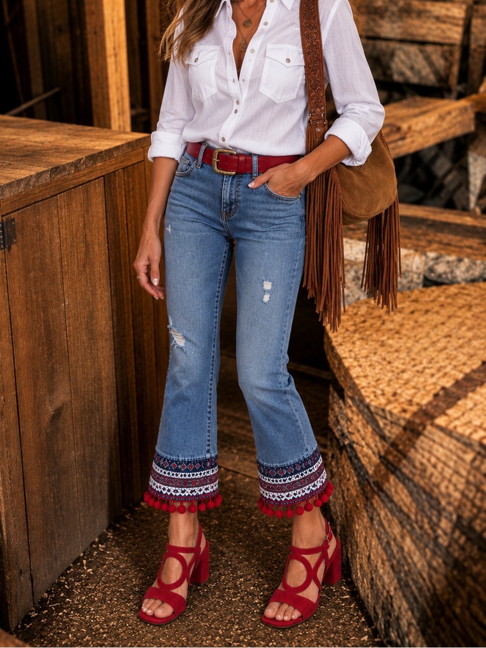 Pilcro and the Letterpress Blue Cropped Jeans with Embroidered Pom Pom Hem 30